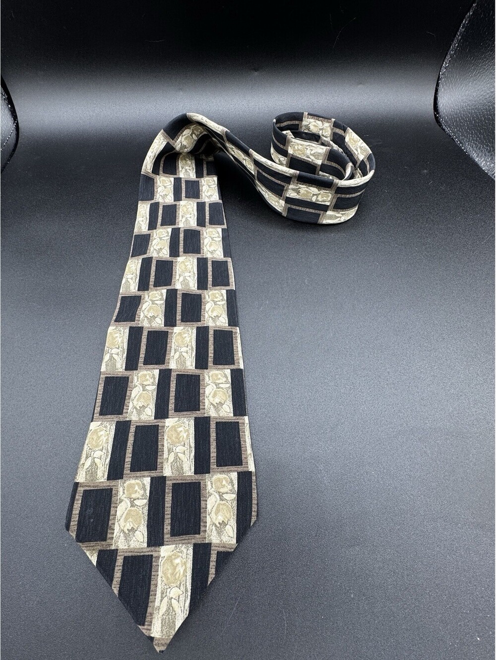 Henry Grethel Italian Silk Tie Made USA Brown Black Geometric